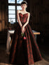 A-line V-neckline Floral Satin Black and Red Party Dress, Strapless Long Prom Dress