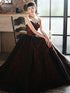 A-line V-neckline Floral Satin Black and Red Party Dress, Strapless Long Prom Dress