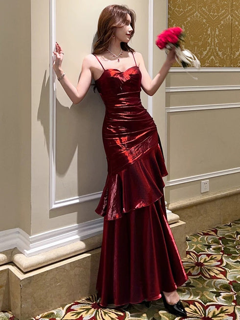 Wine Red Sweetheart Mermaid Straps Satin Party Dress, Wine Red Satin Prom Dress