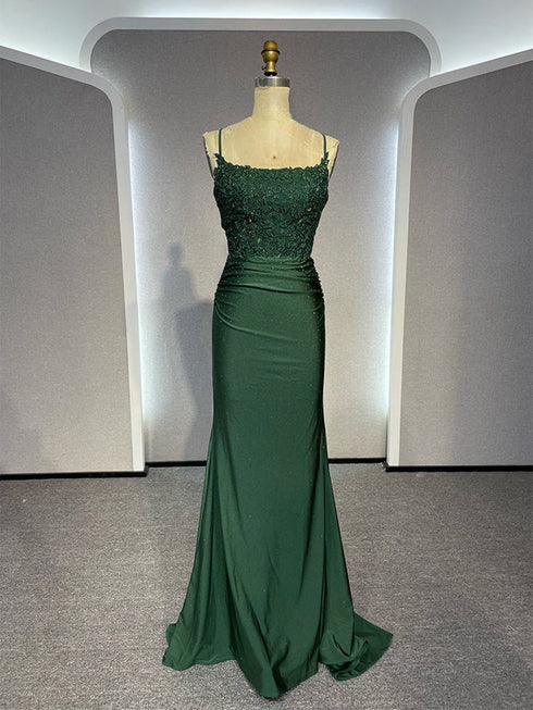 Green Spandex Mermaid Cross Back with Lace Party Dress, Green Long Prom Dress