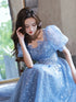 A-line Light Blue Short Sleeves Long Party Dress with Lace Applique, Blue Prom Dress