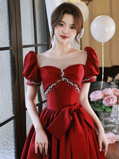 Wine Red Satin Short Sleeves Pearls Long Party Dress, Wine Red Satin Prom Dress