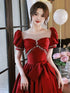 Wine Red Satin Short Sleeves Pearls Long Party Dress, Wine Red Satin Prom Dress