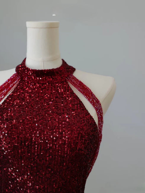 Wine Red Sequins Mermaid Round Neckline Party Dress, Wine Red Sequins Prom Dress