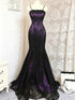 Gothic Glam Purple and Black Lace Mermaid Prom Dress, Black and Purple Formal Dress with Spaghetti Straps