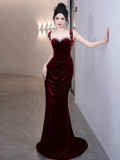 Wine Red Sweetheart Beaded Mermaid Party Dress, Wine Red Velvet Prom Dress Evening Dress