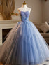 Blue Sweetheart Tulle Strapless Long Prom Dress, Blue Tulle Sweet 16 Dresses