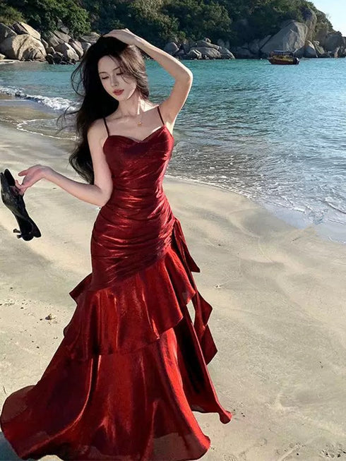 Lovely Wine Red Satin Mermaid Chic Sweetheart Prom Dress, Wine Red Satin Long Eveming Dress