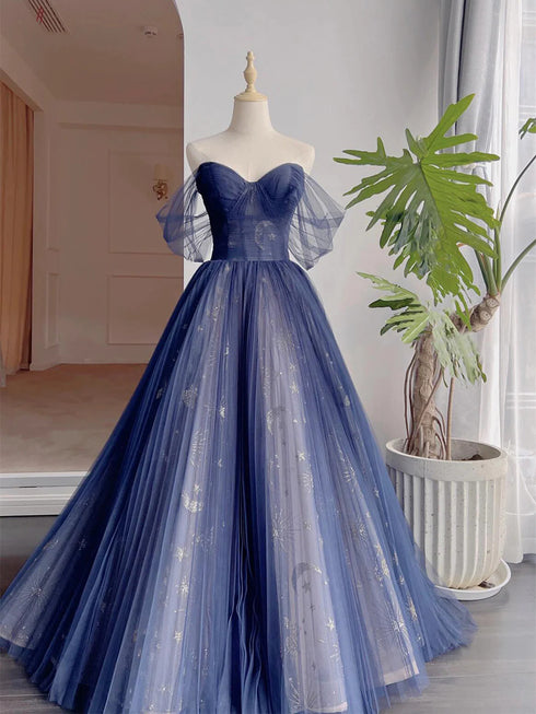 Lovely Blue Sweetheart Off Shoulder A-line Party Dress, Blue Tulle Floral Prom Dress