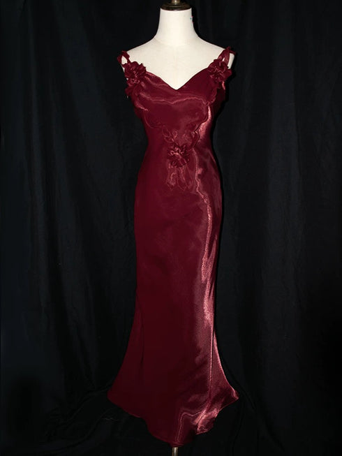 Wine Red V-neckline Mermaid Long Straps Party Dress, Wine Red Satin Prom Dress
