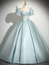 Light Green Satin Short Sleeves Party Dress, A-line Green Satin Prom Dress with Lace Applique