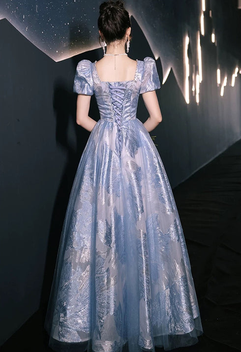 Blue A-line Short Sleeves Party Dress Prom Dress, Blue Floral Evening Dress