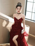Wine Red Sequins A-line Strap Beaded Party Dress, V-neckline Prom Dress Evening Dress