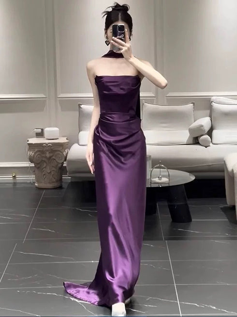Purple Soft Satin Strapless Long Party Dress Prom Dress, Purple Satin Scoop Evening Dress