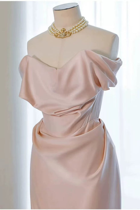 Pink Soft Satin Off Shoulder Long Wedding Party Dress, Pink Satin Evening Dress Prom Dress