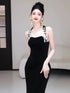Black Mermaid Velvet Halter Long Party Dress, Black Velvet Evening Dress Prom Dress