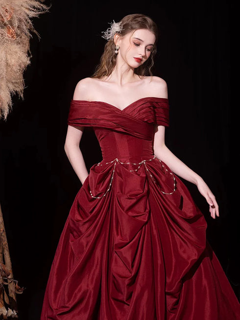 Wine Red Sweetheart Off Shoulder Long Party Dress, A-line Wine Red Beaded Prom Dress