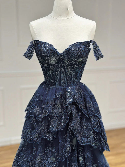A-line Navy Blue Tulle Layers with Lace Applique Party Dress, Navy Blue Tulle Prom Dress
