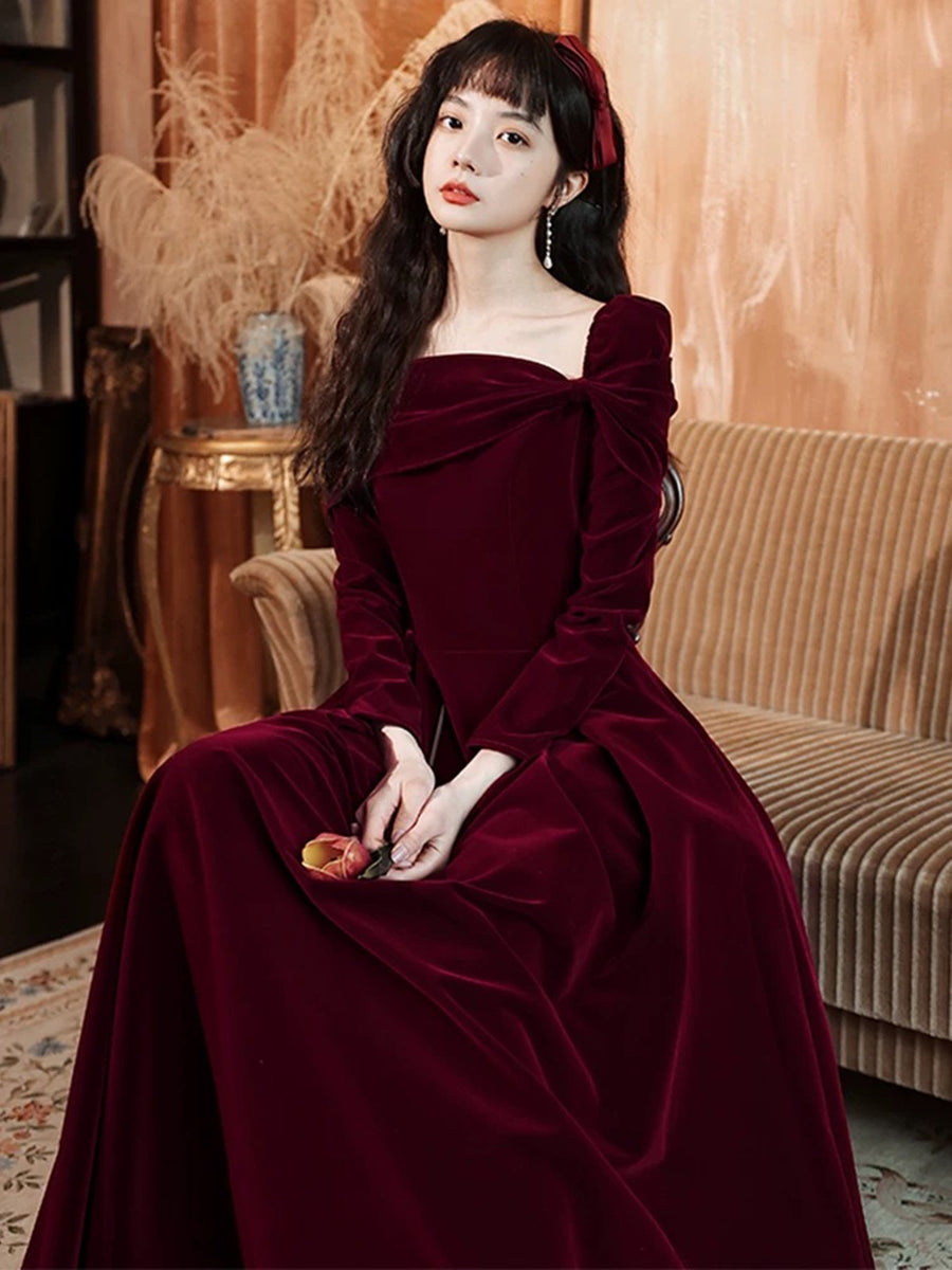 Wine Red Long Sleeves Velvet Wedding Party Dress, A-line Long Prom Dre –  BeautyDressy