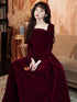 Wine Red Long Sleeves Velvet Wedding Party Dress, A-line Long Prom Dress Evening Dress