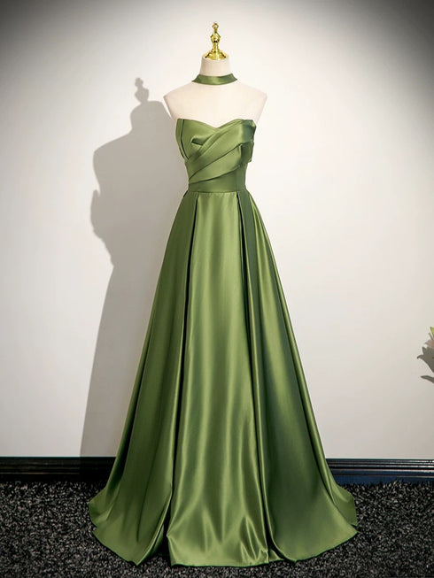 Green A-line Satin Simple Evening Dress, Green Long Prom Dress Formal Dress