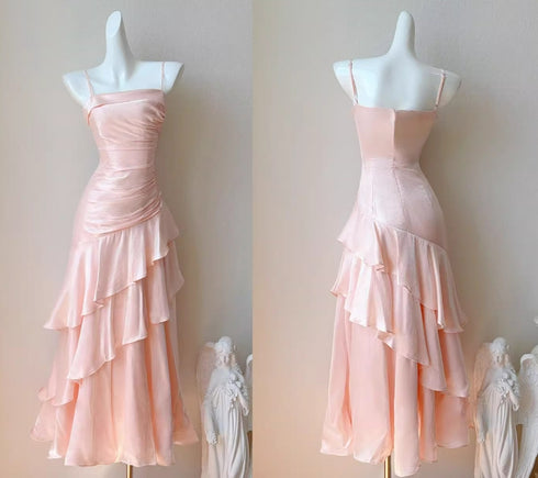 Pink Mermaid Straps Satin Long Party Dress, Pink Chic Scoop Evening Dress Prom Dress