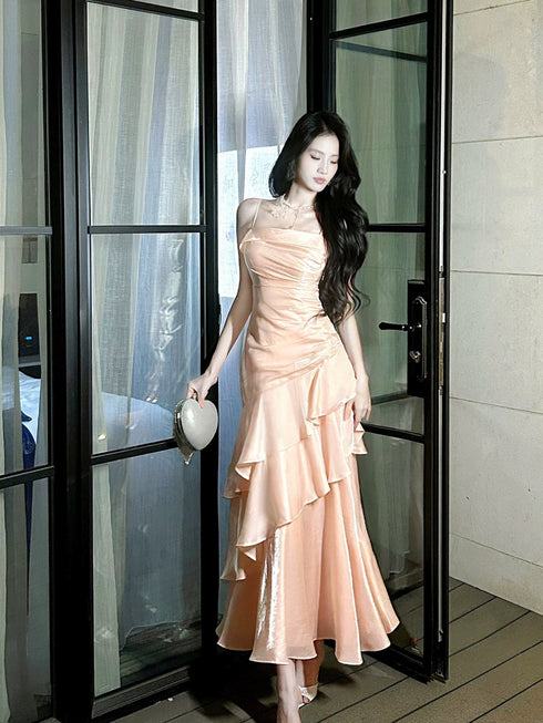 Pink Mermaid Straps Satin Long Party Dress, Pink Chic Scoop Evening Dress Prom Dress