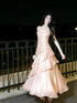 Pink Mermaid Straps Satin Long Party Dress, Pink Chic Scoop Evening Dress Prom Dress
