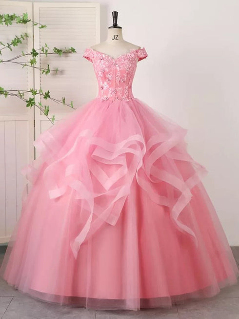 Pink Tulle Ball Gown with Lace Applique Party Dress, Pink Tulle Sweet 16 Dress Formal Dress