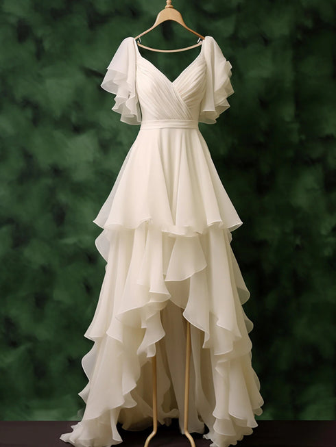 White Chiffon High Low Layers V-neckline Wedding Party Dress, Chiffon Evening Dress