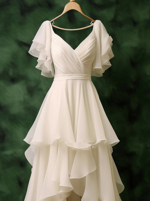 White Chiffon High Low Layers V-neckline Wedding Party Dress, Chiffon Evening Dress