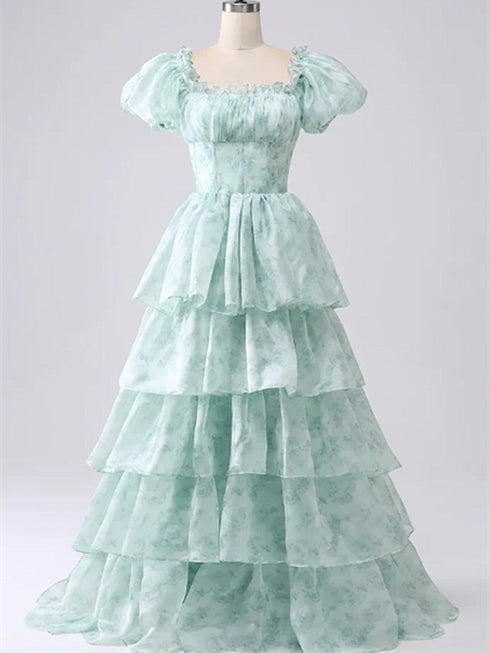 Light Green Layers Short Sleeves Party Dress, Light Green Floral Prom Dress