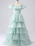 Light Green Layers Short Sleeves Party Dress, Light Green Floral Prom Dress