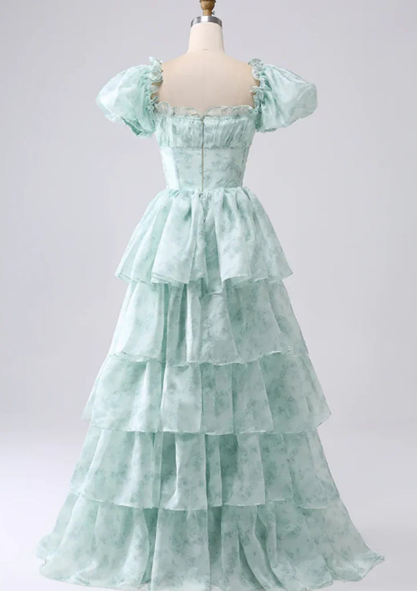 Light Green Layers Short Sleeves Party Dress, Light Green Floral Prom