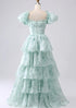 Light Green Layers Short Sleeves Party Dress, Light Green Floral Prom Dress