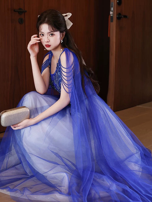 Blue and White V-neckline Floor Length Tulle Party Dress, A-line Long Formal Dress Prom Dress