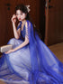 Blue and White V-neckline Floor Length Tulle Party Dress, A-line Long Formal Dress Prom Dress