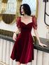 Wine Red Velvet Knee Length Short Party Dress, Wine Red Homecoming Dress