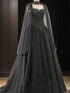 Black A-line Tulle Long Party Dress with Cap, Black Tulle with Lace Applique Prom Dress