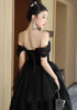 A-line Black Tulle and Velvet Layers Long Party Dress, Off Shoulder Black Prom Dress