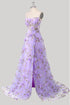 Light Purple A-line Straps Cross Back Long Party Dress, Light Purple Floral Prom Dress