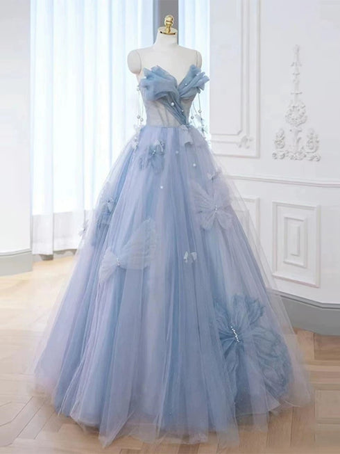 Light Blue Tulle Beaded Sweetheart Long Prom Dress, Light Blue Tulle Evening Dress