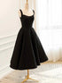 Black Satin Tea Length Straps Homecoming Dress, Simple Black Satin Prom Dress