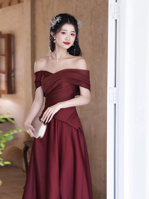 Wine Red A-line Satin Off Shoulder Party Dress, Satin Floor Length Evening Dress