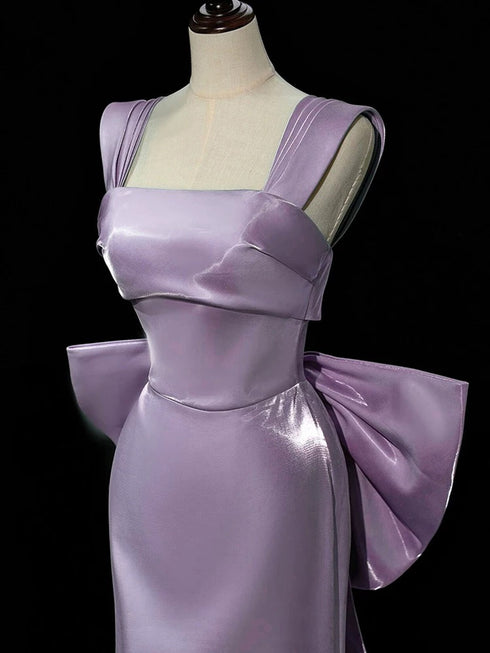 Purple Satin Mermaid Satin Long Party Dress with Bow, Purple Satin Evening Dress Prom Dress
