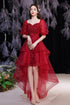 Wine Red Tulle High Low Short Sleeves Party Dress, Wine Red Tulle Prom Dress