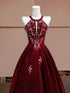 Wine Red Velvet Beaded Halter A-line Evening Dress, Wine Red Velvet Prom Dress