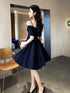 Navy Blue Knee Length Off Shoulder Homecoming Dress, Navy Blue Short Prom Dress