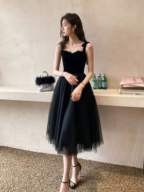 Black Tulle and Velvet Straps Knee Length Homecoming Dress, Black Short Prom Dress