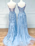Light Blue Tulle with Lace Sweetheart Long Party Dress, Light Blue Evening Dress Prom Dress